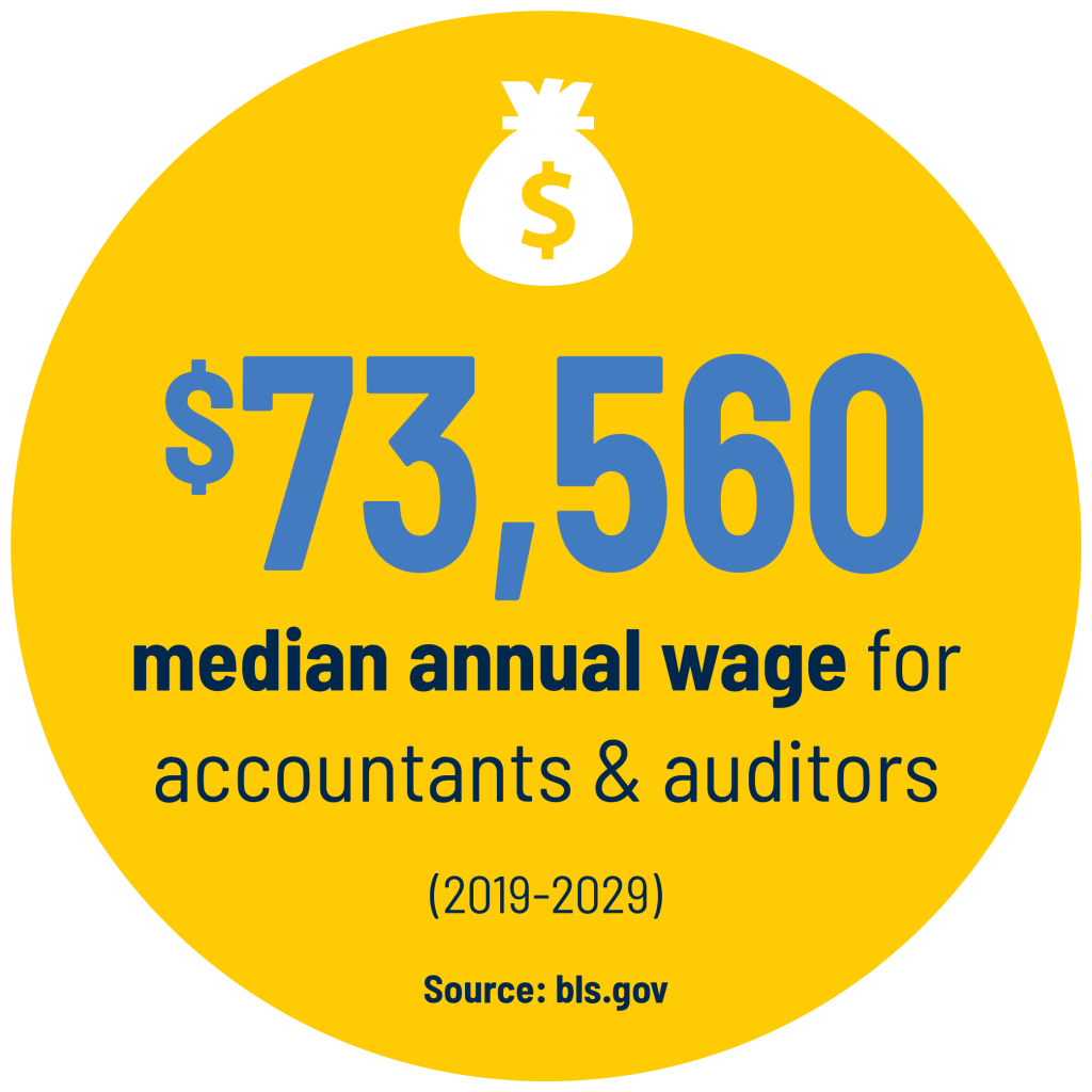 $73,560 median annual wage for accountants & auditors (2019-2029) stat. Source: bls.gov