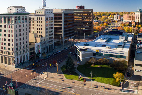 Ariel view of downtown and campus.