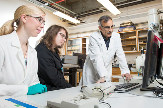 Professor and two students working on a computer.