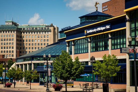 Street view of the University Pavilion and Northbank Center.